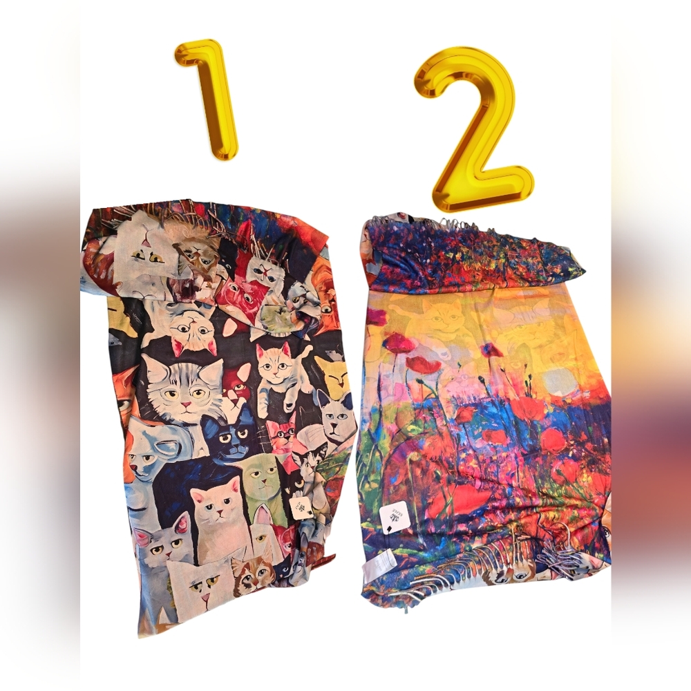 NWT REALE Reversible Scarf Cats & Flowers